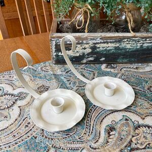 White Metal Taper Candle Holders Pair Chamberstick Loop Vintage Cottage Decor